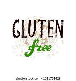 Vector hand drawn sketchy Gluten Free sign augmented with stylized handful of wheat seeds. Design element, printed goods, health and nutrition image.