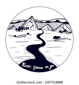 Vector hand drawn sketchy illustration of a marvelous landscape with mountains and river. Augmented with a positive sign. Motivation and inspiration themes, design element.