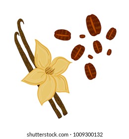 Vector hand drawn sketchy illustration with a vanilla flower and some coffee beans isolated on white. Food and drink themes, design element, floral and natural decoration.