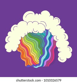 Vector hand drawn sketchy illustration of miracle rainbows and some clouds isolated on violet. Children theme, printed goods and stationery, logo for different purposes.