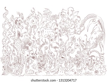 vector hand drawn sketchy illustration of a mysterious fairy wood with different unreal plants and mushrooms. Image for coloring books, art therapy, design element, printed goods, wallpapers.