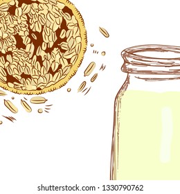 vector hand drawn sketchy illustration with oat seeds and a jar with oat milk. vegan nutrition theme.