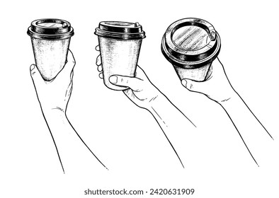 handgezeichnete Vektorgrafik-Set mit Händen, die Einwegpapier-Kaffeetasse halten