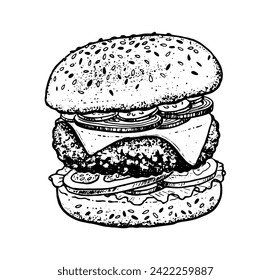 Vector hand drawn sketchy illustration of burger sandwich fast food meal with cutlet and cheese