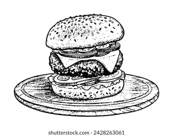 Vector hand drawn sketchy illustration of burger sandwich fast food meal with cutlet and cheese on wooden cutting board plate