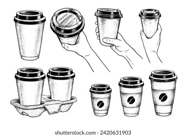 Vector hand drawn sketchy illustrations set of takeaway coffee and hands holding disposable paper cups