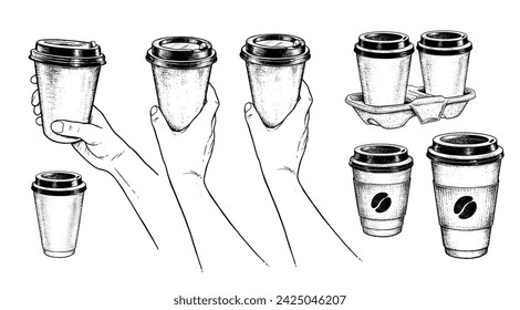 Vector hand drawn sketchy illustrations collection of takeaway coffee and hands holding disposable paper cups