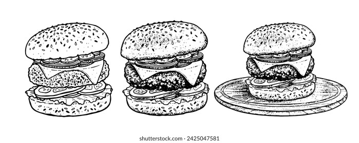 Vector dibujado a mano ilustraciones esquemáticas de hamburguesa sándwich comida rápida con chuleta y queso