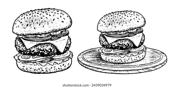 Vector hand drawn sketchy illustrations of burger sandwich fast food meal with cutlet and cheese	
