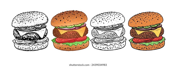 Vector Hand gezeichnet skizzenhafte Illustrationen Set von Burger Sandwich Fast Food Mahlzeit mit Kotelett und Käse	
