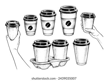 Vector hand drawn sketchy illustrations collection of takeaway coffee and hands holding disposable paper cups	
