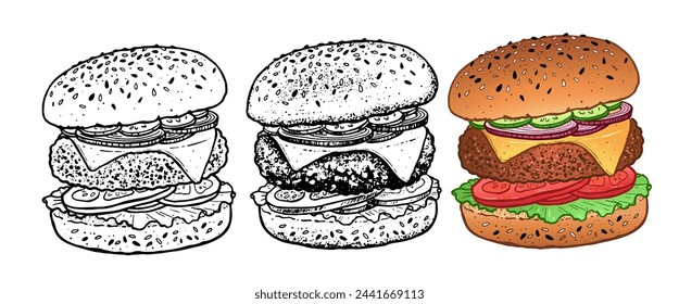 Vector dibujado a mano sketchy ilustraciones colección de hamburguesa sándwich comida rápida con chuleta y queso	