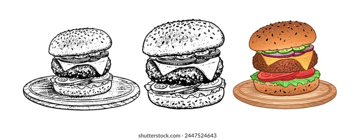 Vector hand drawn sketchy illustrations collection of burger sandwich fast food meal with cutlet and cheese	