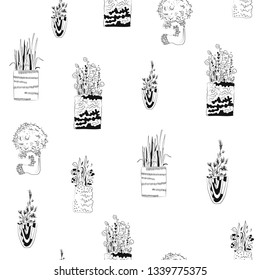 vector hand drawn sketchy pattern of stylized childlike plants in pots.