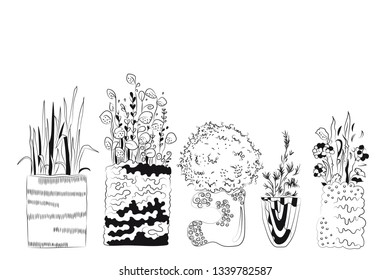 vector hand drawn sketchy set of stylized childlike plants in pots.