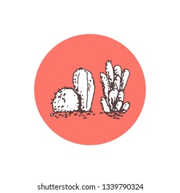 vector hand drawn sketchy set of stylized childlike cacti in a coral circle