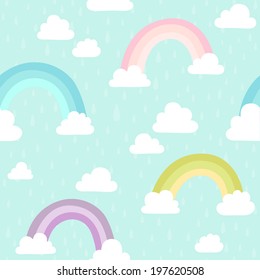Vector hand drawn sky pattern with clouds and rainbows