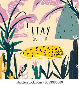 Vector hand drawn sleeping leopard, exotic plants, jungle leaves