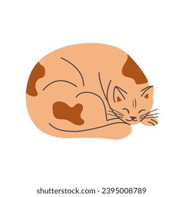 Vector hand drawn sleepy cat lying down. Vector hand drawn pet in flat minimalistic style. Trendy illustration for sticker decoration.