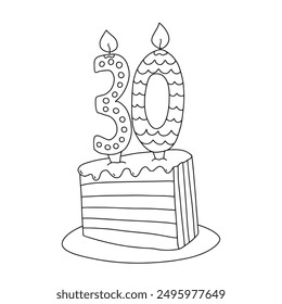 Vector hand drawn slice of cake with Thirty shape candles