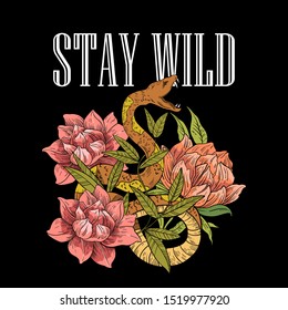 Vector hand drawn slogan with snake, peons, leaves and branches. Lettering on the black background with illustration in engraving vintage style. For prints, logos, postcards, banners, tattoos.