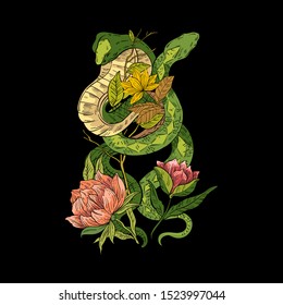 Vector hand drawn slogan with snake, peons, leaves and branches. Lettering on the black background with illustration in engraving vintage style. For prints, logos, postcards, banners, tattoos.