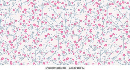 Vector hand drawn small flowers with branches intertwined in a seamless pattern. The trendy cute, tiny gently pink ditsy floral on a white background. Template for design, textile, fashion