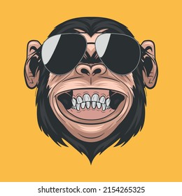 Vector Hand Drawn Smiling Chimpanzee Ape with Sunglasses. Colored Abstract Funny Monkey Head for Wall Art, T-shirt Print, Poster. Cartoon Cute Chimp Monkey Icon, Logo, Illustration