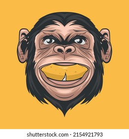 Vector Hand Drawn Smiling Chimpanzee Ape with Banana in His Mouth. Colored Abstract Funny Monkey Head for Wall Art, T-shirt Print, Poster. Cartoon Cute Chimp Monkey Icon, Logo, Illustration