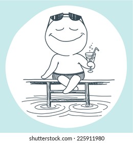vector hand drawn smiling man with cocktail near the water. doodle illustration