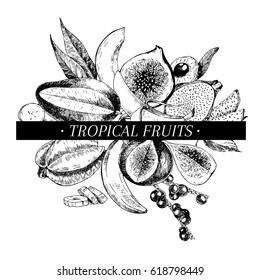 Vector hand drawn smoothie bowls poster. Exotic engraved fruits. Tropical sweet food. Banana, mango, fig, pitaya, acai, lychee, carambola, papaya Use for exotic restaurant food party