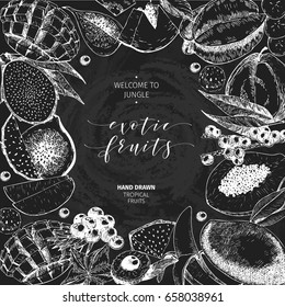 Vector hand drawn smoothie bowls poster. Exotic chalkboard style engraved fruits.Frame border composition. Banana, mango, papaya, pitaya, acai, lychee, fig. for exotic restaurant market food delivery
