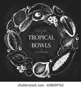 Vector hand drawn smoothie bowls poster. Exotic chalkboard style engraved fruits. Round border composition. Banana, mango, papaya, pitaya, acai, lycgee, fig. exotic restaurant food partty