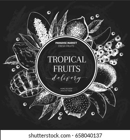 Vector hand drawn smoothie bowls poster. Exotic chalkboard style engraved fruits. Round border composition. Banana, mango, papaya, pitaya, acai, lychee, fig. for exotic restaurant market food delivery