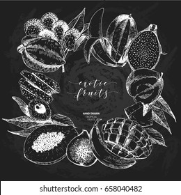 Vector hand drawn smoothie bowls poster. Exotic chalkboard style engraved fruits. Square border composition. Banana, mango, papaya, pitaya, acai, lychee, fig. exotic restaurant market food delivery