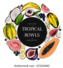 Vector hand drawn smoothie bowls poster. engraved fruits. Colored icons in round border. Banana, mango, papaya, pitaya, fig, carambola, pitahaya, lychee, coconut acai exotic restaurant food party