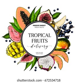 Vector hand drawn smoothie bowls poster. Exotic engraved fruits. Colored icons in round border composition. Banana, mango, papaya, pitaya, fig, acai, guava, pitahaya. for exotic restaurant food party