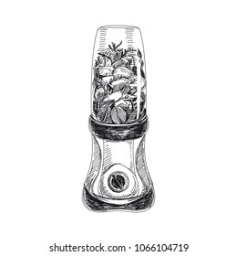 Vector hand drawn smoothie Illustration. Detailed retro style mixer with ingredients for smoothies image. Vintage sketch element for label, packaging and cards design. Print template background.