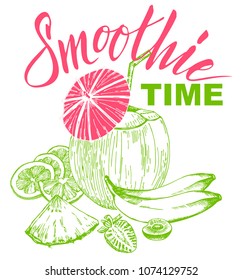 Vector hand drawn smoothie Illustration. Detailed retro style smoothie logo. Smoothie time. Vintage sketch element for label, poster, packaging and cards design. Print template background.