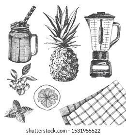 vector hand drawn smoothie illustration. exotic fruit cocktail. healthy breakfast with pureed fruit and berries. blender, pineapple, glass jar, blueberry, mint and grapefruit. ingredients for design 