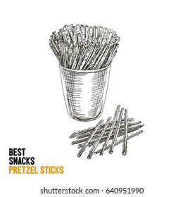 Vector hand drawn snack and junk food Illustration. Pretzel sticks. Vintage style sketch background.