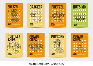 Vector hand drawn snack and junk food cards set. Vintage style sketch background. Template design