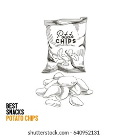 Comida picante y comida chatarra dibujada a mano vectora Ilustración.Patatas fritas. Dibujo de estilo vintage.