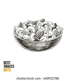 Vector hand drawn snack and junk food Illustration. Nuts mix. Vintage style sketch .