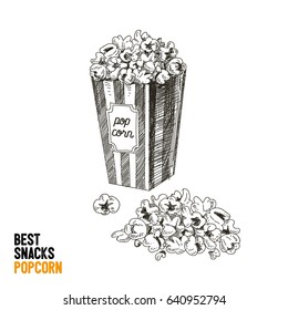 Vector Hand Drawn Snack And Junk Food Illustration. Pop Corn. Vintage Style Sketch Background.