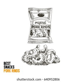 Vector hand drawn snack and junk food Illustration. Pork rinds. Vintage style sketch background.