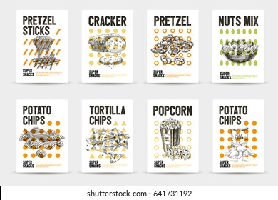 Vector hand drawn snack and junk food cards set. Vintage style sketch background. Template design