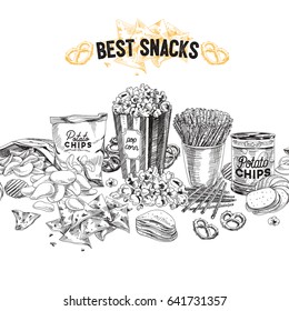 Vector hand drawn snack and junk food Illustration. Seamless border. Vintage style sketch background.