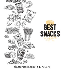 Vector hand drawn snack and junk food Illustration. Seamless border. Vintage style sketch background.