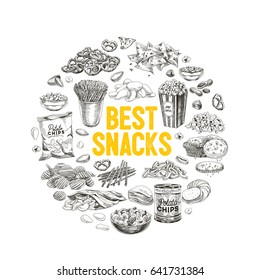 Vector hand drawn snack and junk food Illustration. Vintage style sketch background.